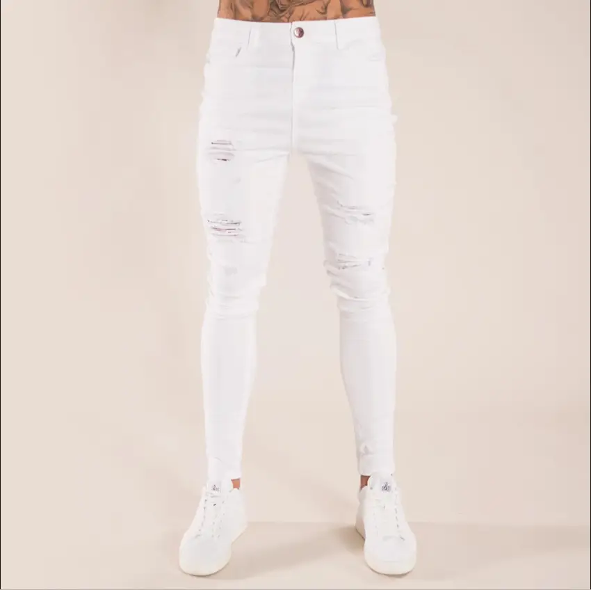 Men's Blue Ripped Skinny Jeans White Sneakers