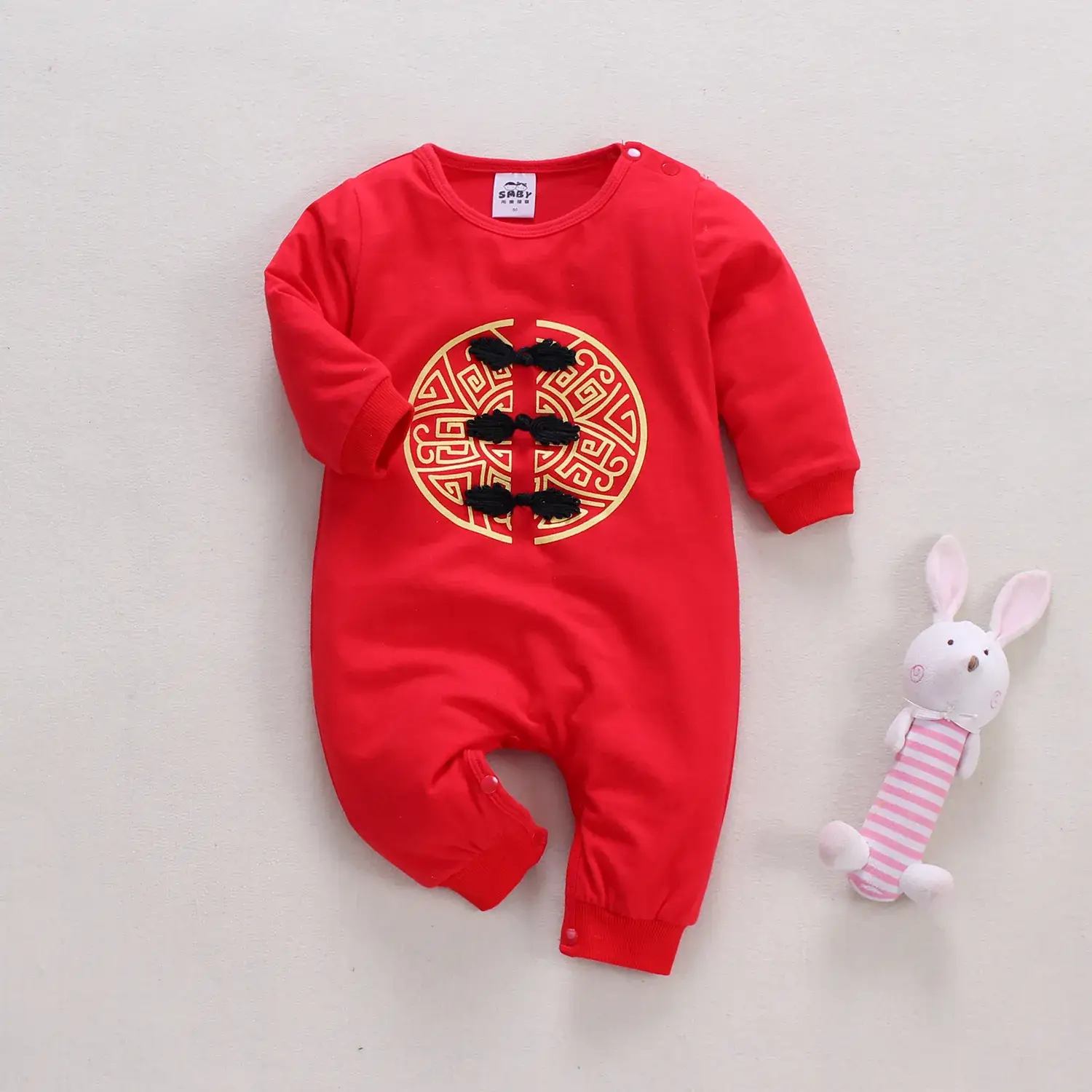 Red Chinese Style Baby One-Piece Suit for Girls - Image 2
