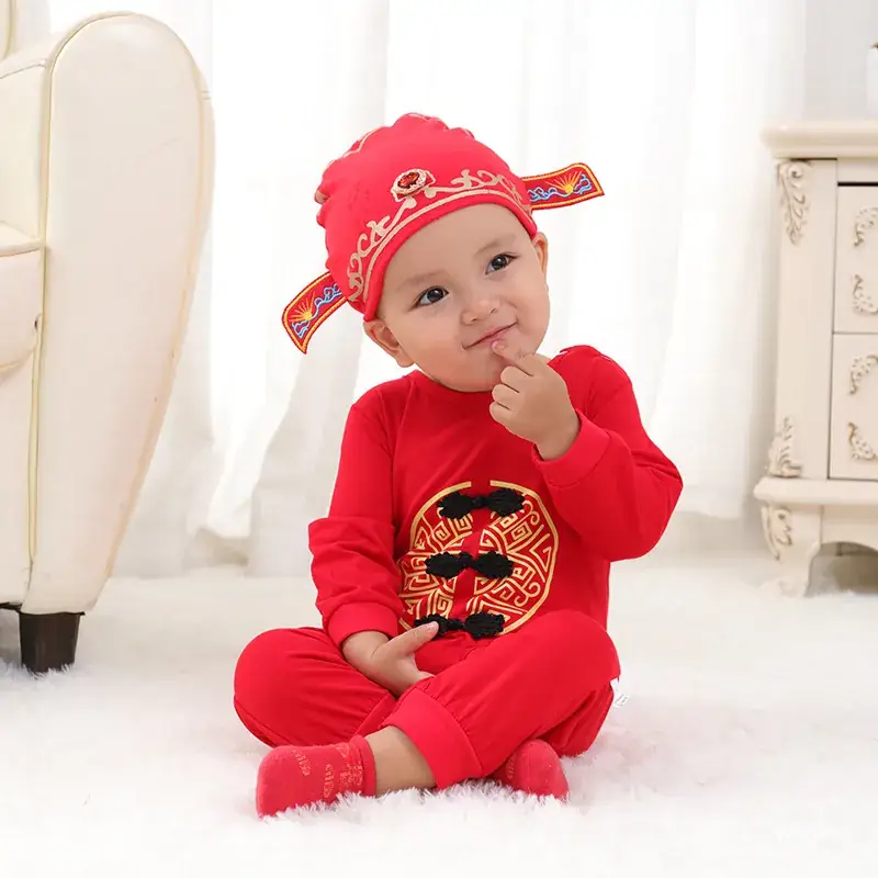 Baby Red Chinese-style Cotton Jumpsuit Summer Suit - Image 13