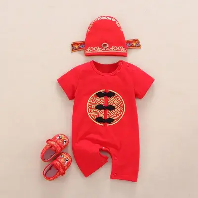 Baby Red Chinese-style Cotton Jumpsuit Summer Suit - Image 10