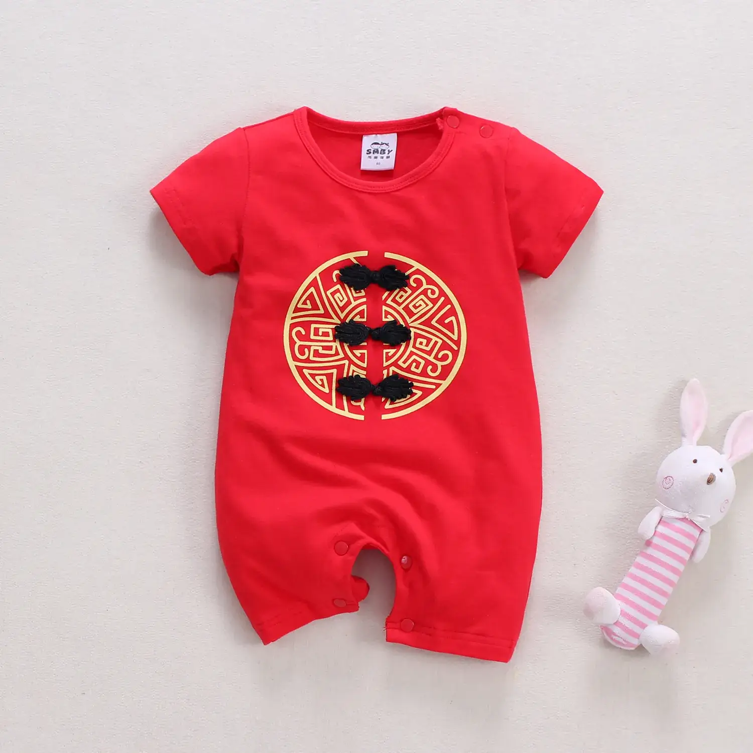 Baby Red Chinese-style Cotton Jumpsuit Summer Suit - Image 2