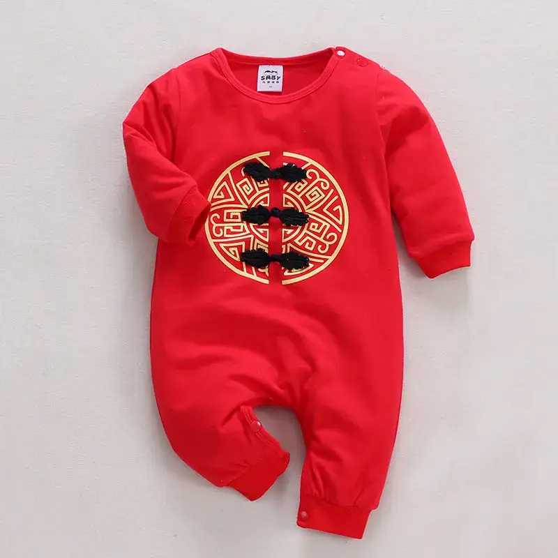 Baby Red Chinese-style Cotton Jumpsuit Summer Suit - Image 6