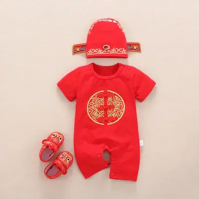 Baby Red Chinese-style Cotton Jumpsuit Summer Suit - Image 9