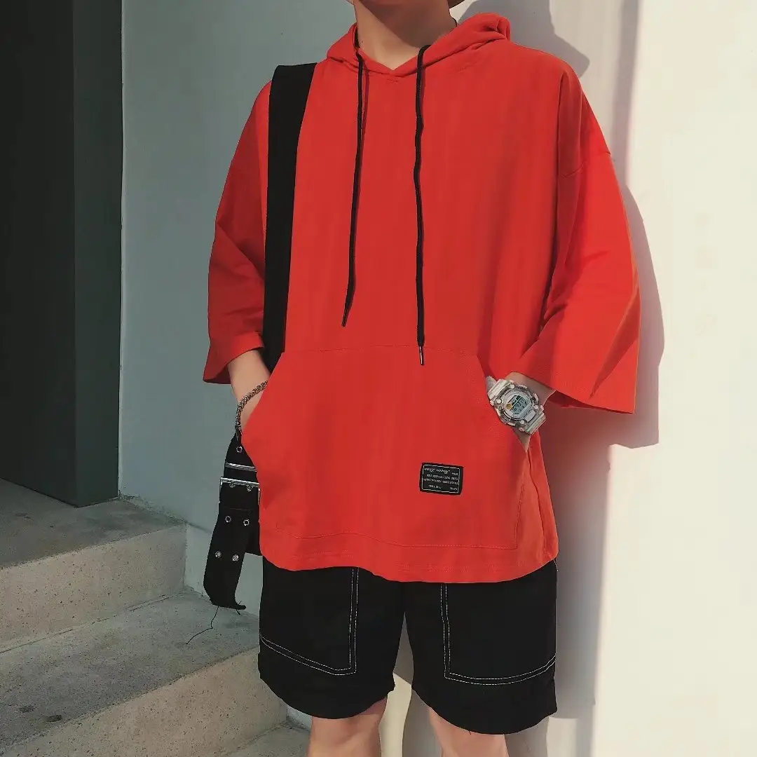 Men Blue Hoodie One Piece 3/4 Sleeve