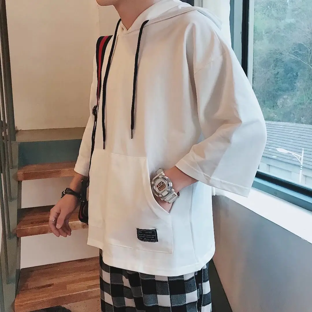Men Blue Hoodie One Piece 3/4 Sleeve