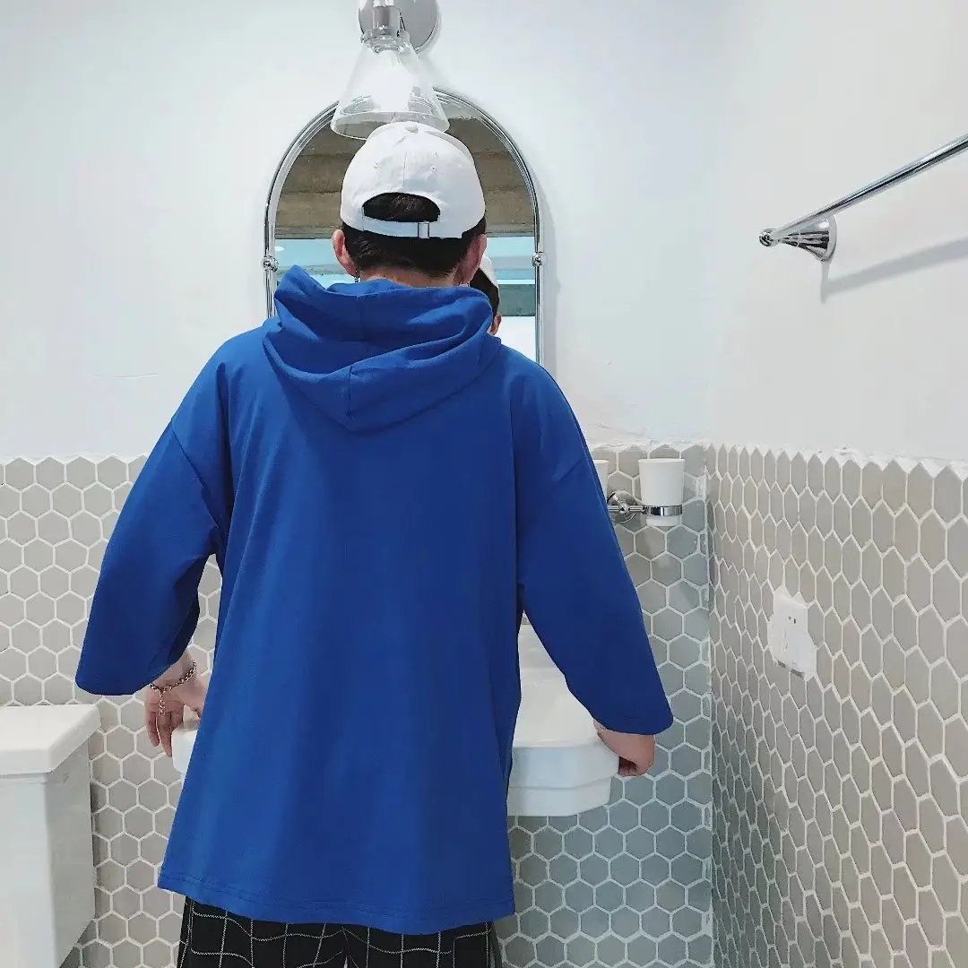 Men Blue Hoodie One Piece 3/4 Sleeve