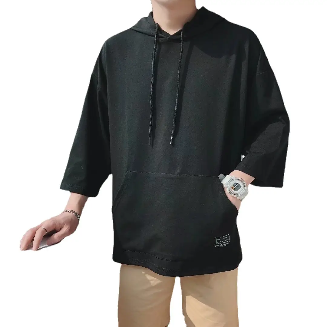 Men Blue Hoodie One Piece 3/4 Sleeve