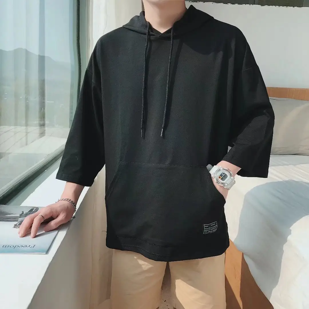 Men Blue Hoodie One Piece 3/4 Sleeve