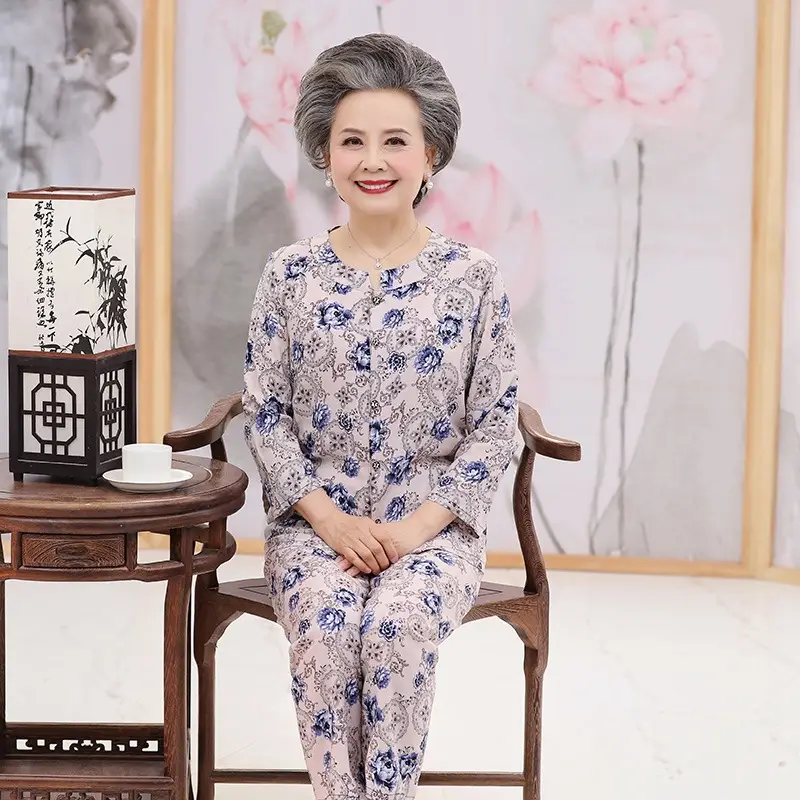 Cotton Silk Two-Piece Suit for Elderly Women - Image 2