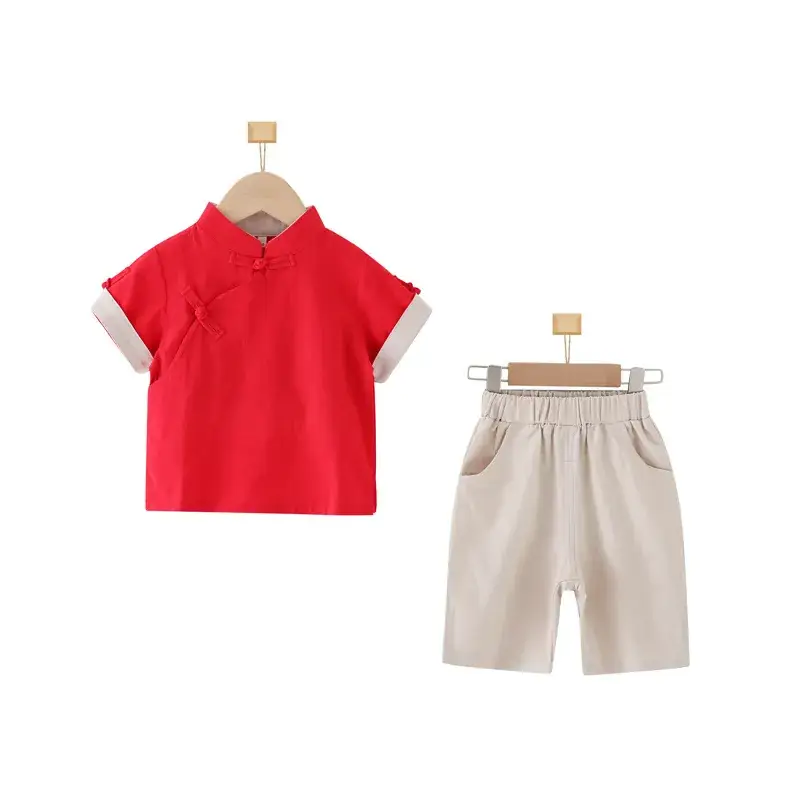 Ethnic Chinese Style Boys Cotton Linen Suit Blue Short Sleeve - Image 6