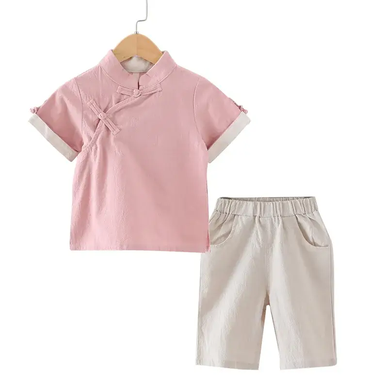 Ethnic Chinese Style Boys Cotton Linen Suit Blue Short Sleeve - Image 4