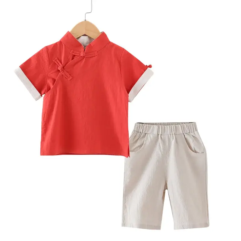 Ethnic Chinese Style Boys Cotton Linen Suit Blue Short Sleeve - Image 2