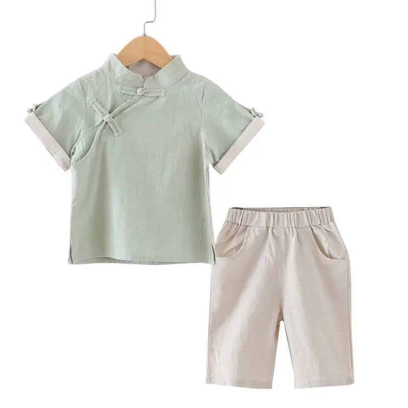 Ethnic Chinese Style Boys Cotton Linen Suit Blue Short Sleeve - Image 3