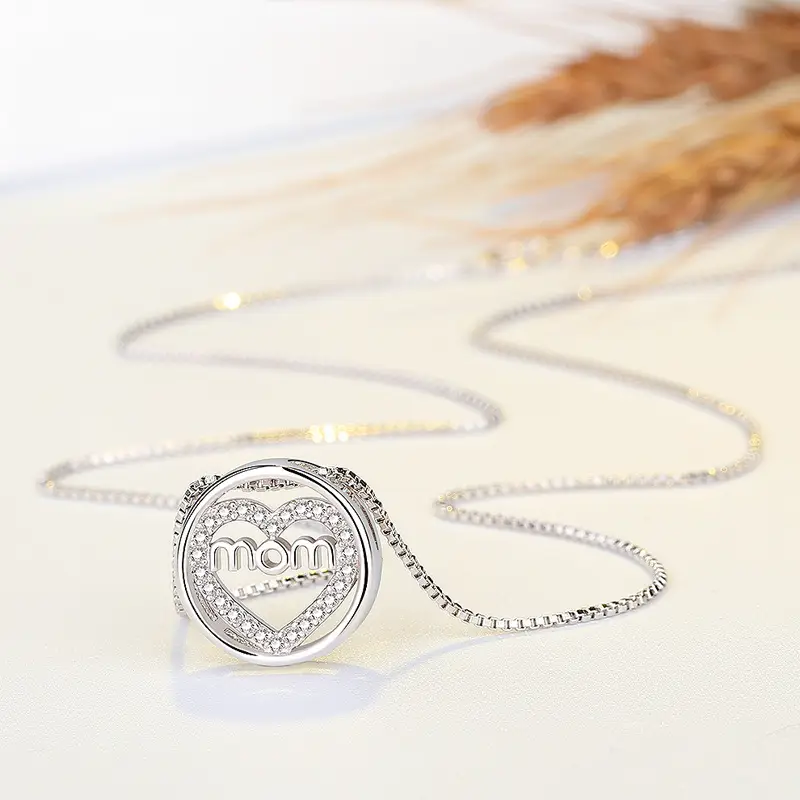 Korean Zircon Heart-Shaped MOM Necklace Silver