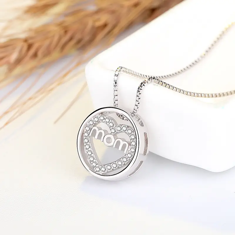 Korean Zircon Heart-Shaped MOM Necklace Silver