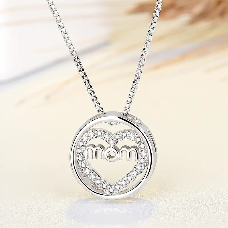Korean Zircon Heart-Shaped MOM Necklace Silver