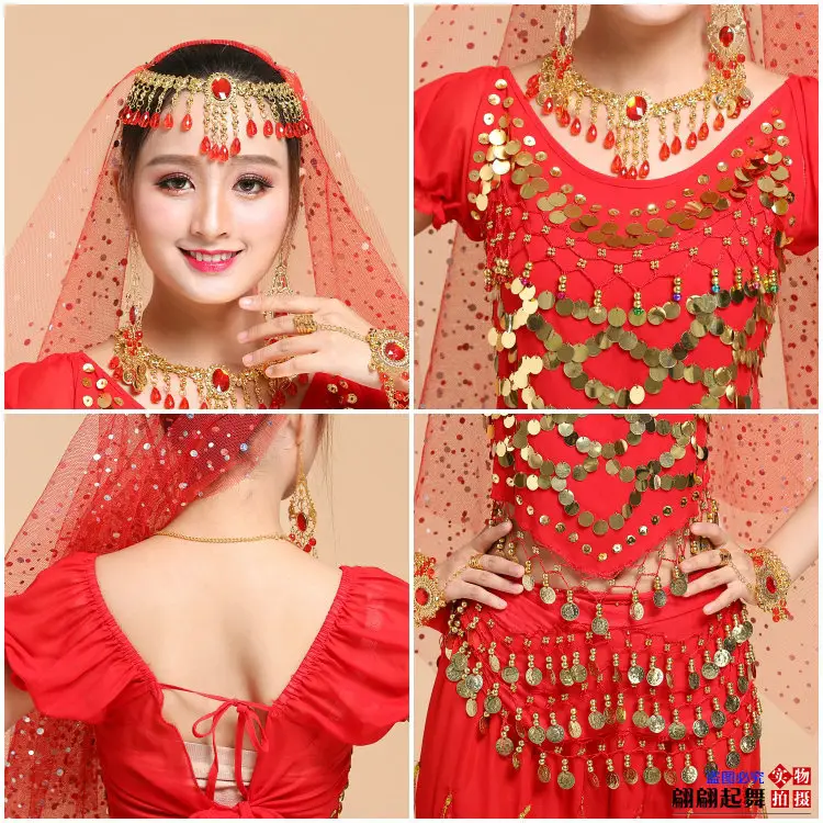 Red Crystal Belly Dance Necklace with Teardrop Dangles