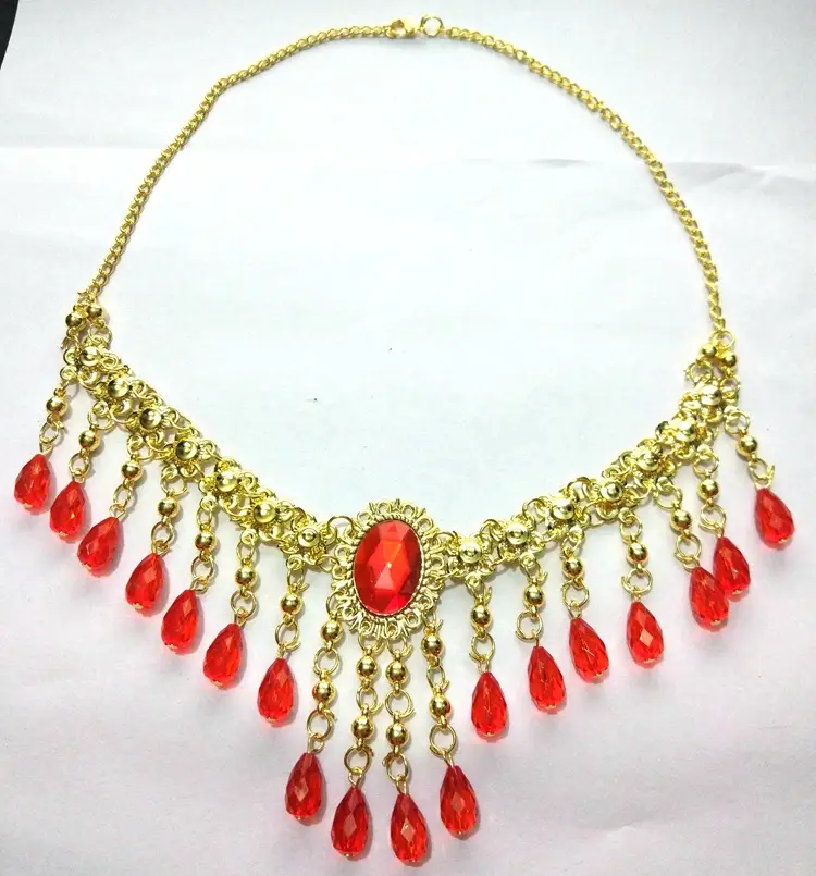 Red Crystal Belly Dance Necklace with Teardrop Dangles