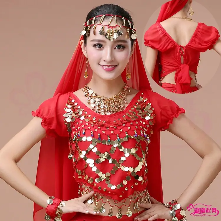 Red Crystal Belly Dance Necklace with Teardrop Dangles
