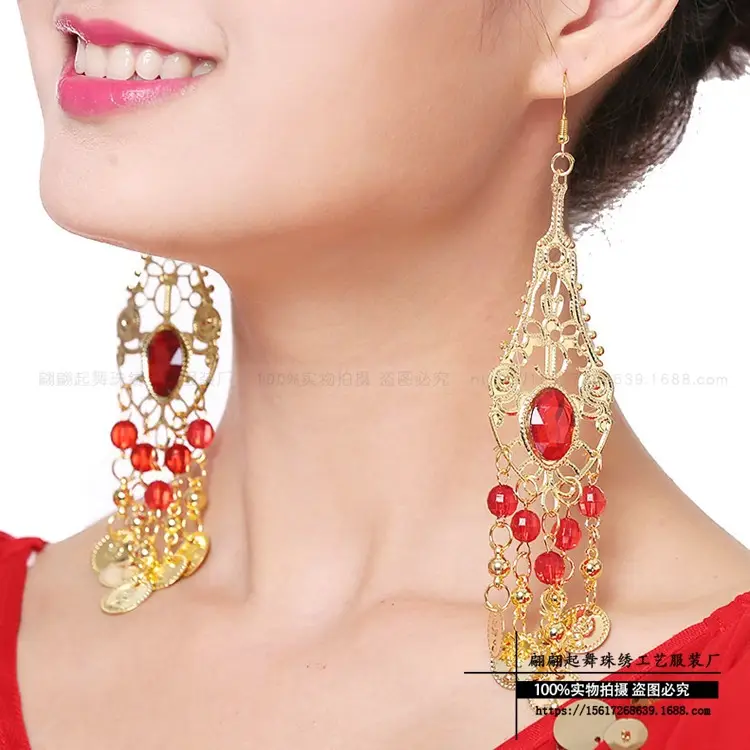 Red Crystal Belly Dance Necklace with Teardrop Dangles