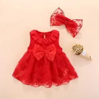 Red Lace Baby Dress with Bow for 2021 - Image 2