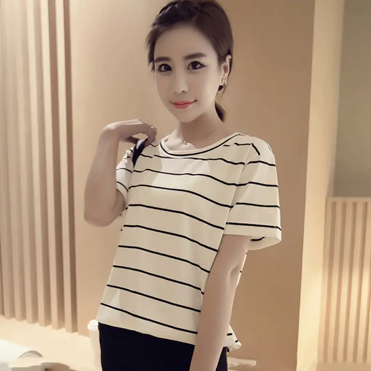 Women Striped Short Sleeve T-Shirt Loose Fit Drop Shipping - Image 2