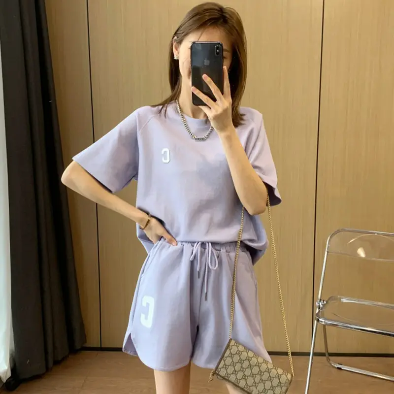 Women's Summer Loose Fit T-Shirt Shorts Set Gray Purple - Image 2