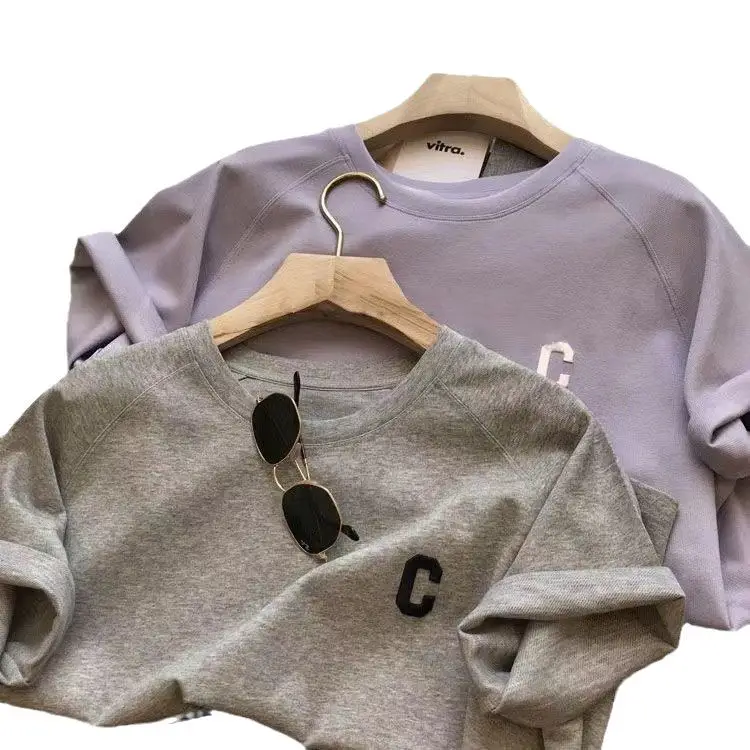 Women's Summer Loose Fit T-Shirt Shorts Set Gray Purple - Image 5