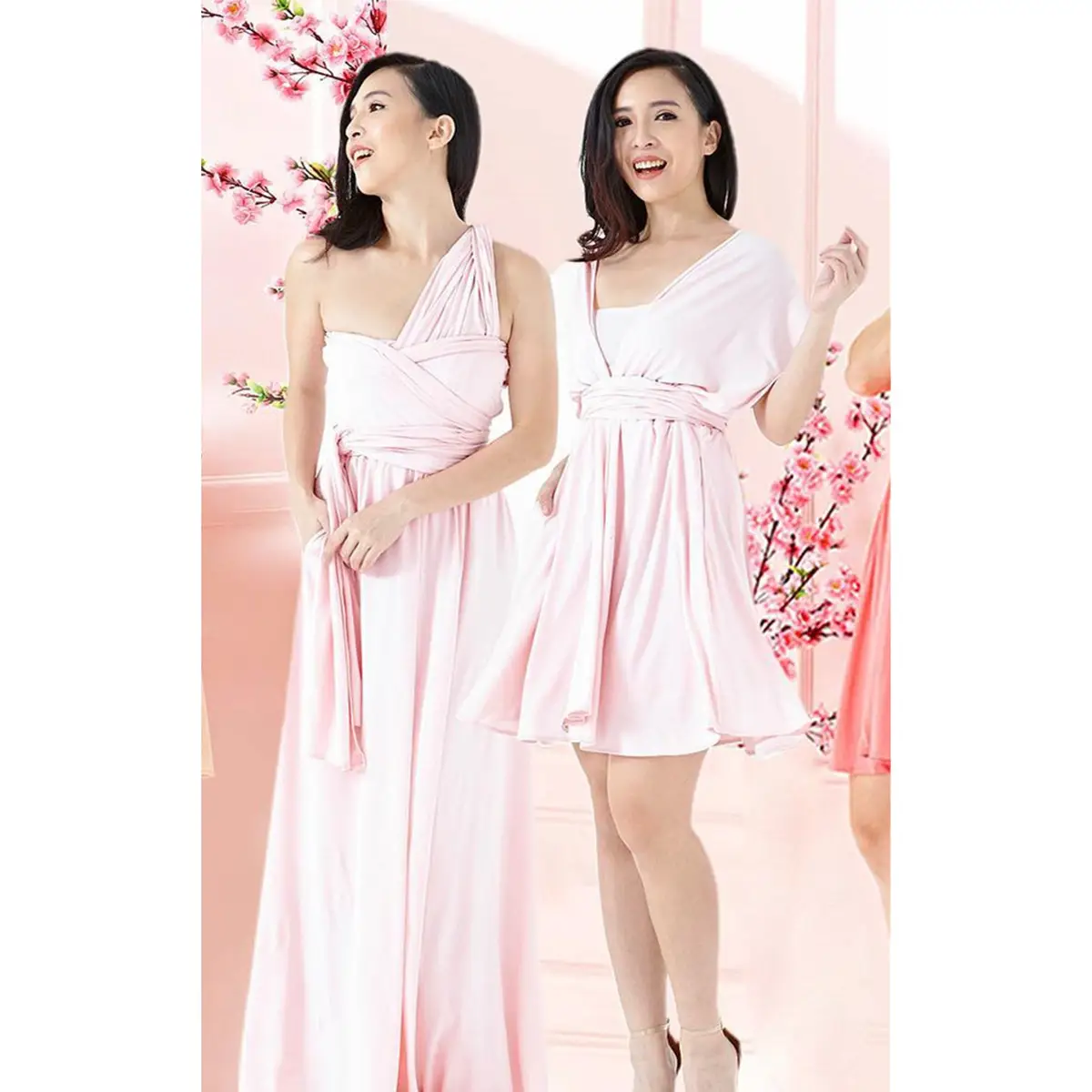 Multi-wear Strap Dress for Women Pink Peach Long Sleeve - Image 5