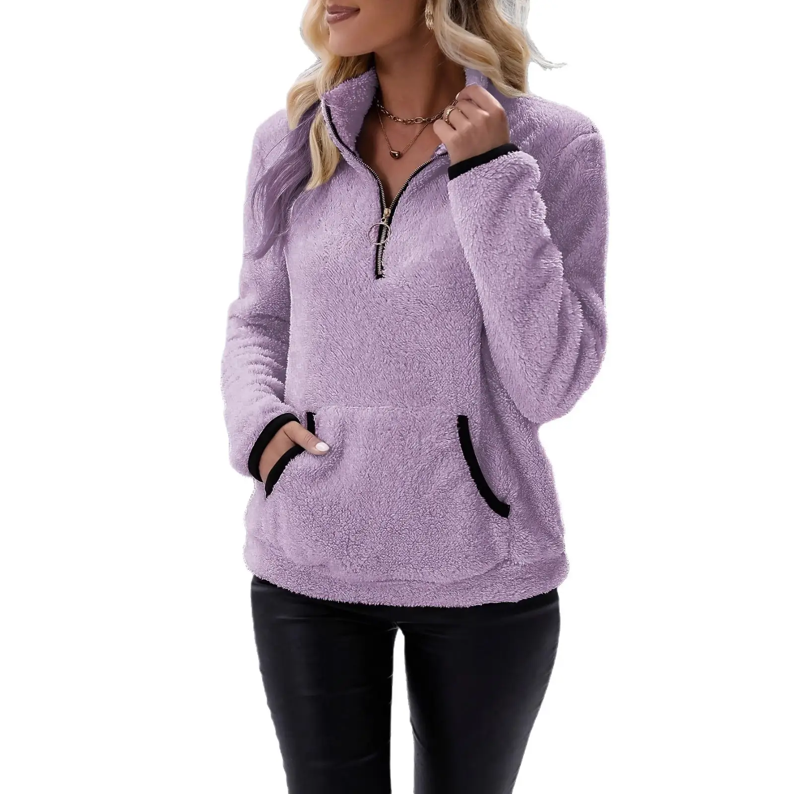 Women's Pink Plush Half Turtleneck Zipper Pants Set - Image 16