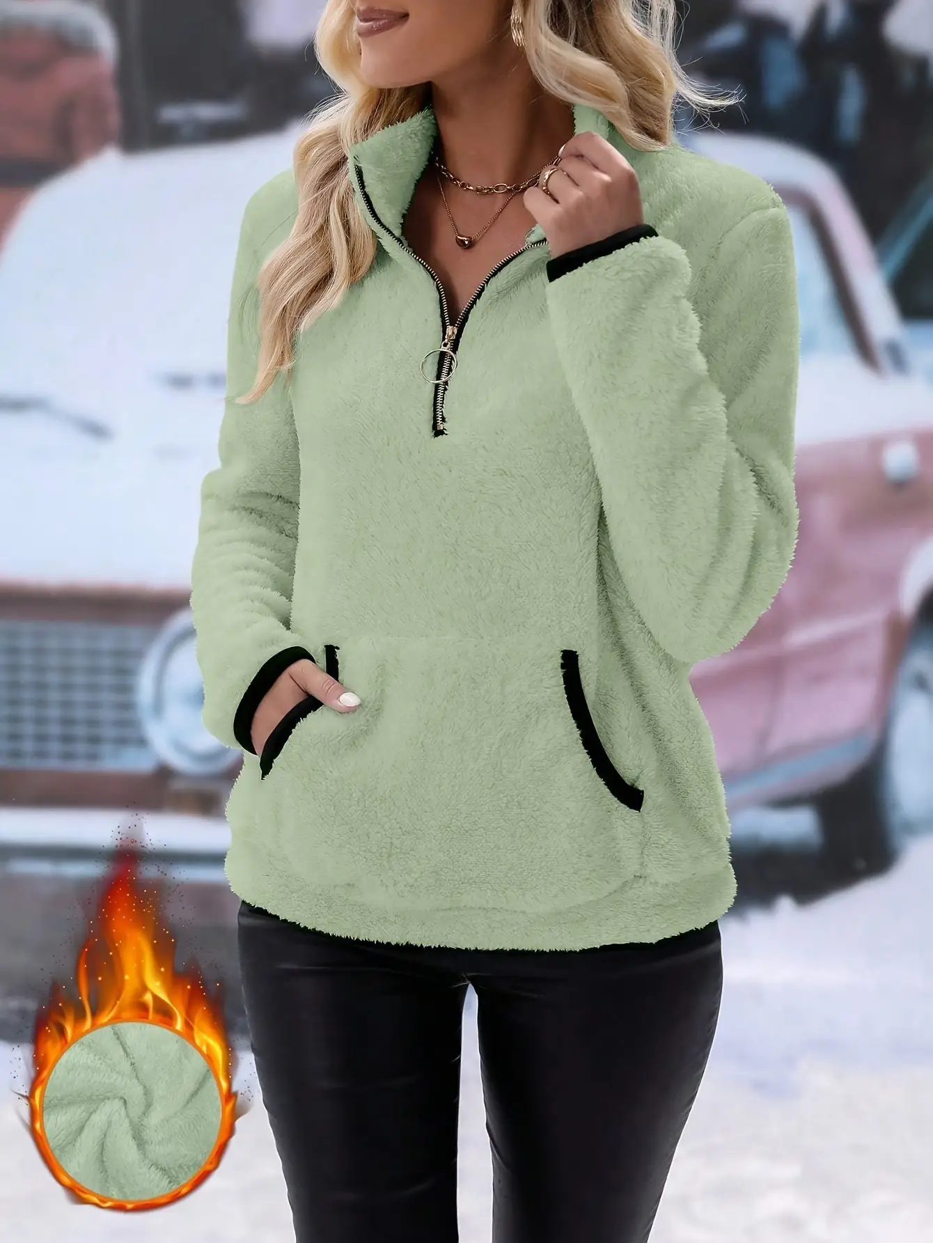 Women's Pink Plush Half Turtleneck Zipper Pants Set - Image 9