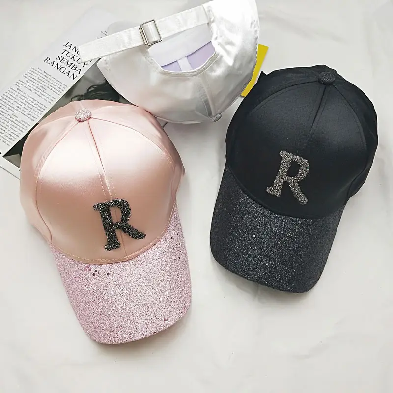 Women's Pink Satin Baseball Cap with Rhinestone Letter