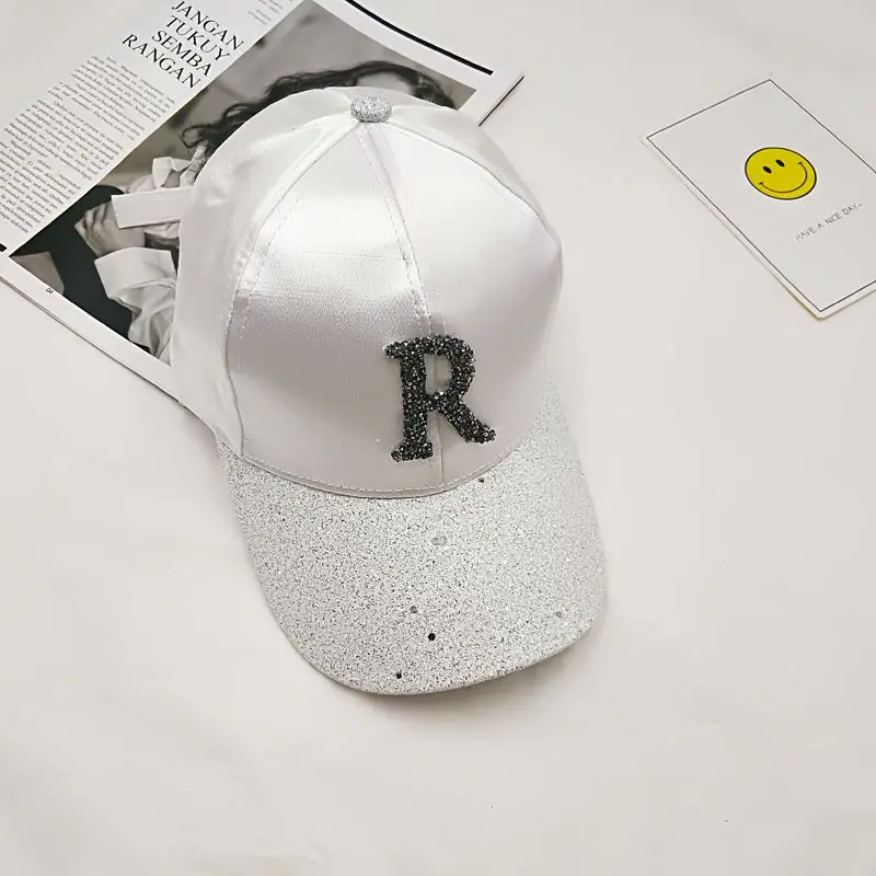 Women's Pink Satin Baseball Cap with Rhinestone Letter