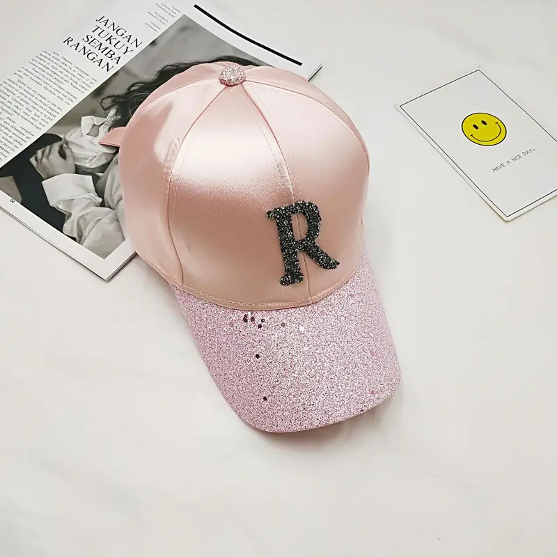 Women's Pink Satin Baseball Cap with Rhinestone Letter