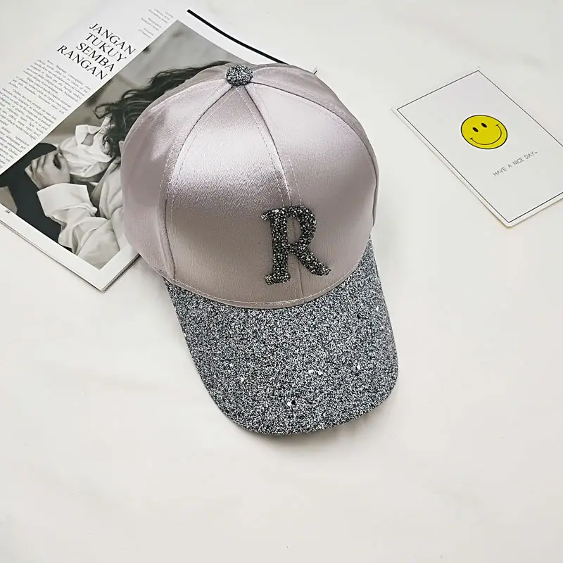 Women's Pink Satin Baseball Cap with Rhinestone Letter