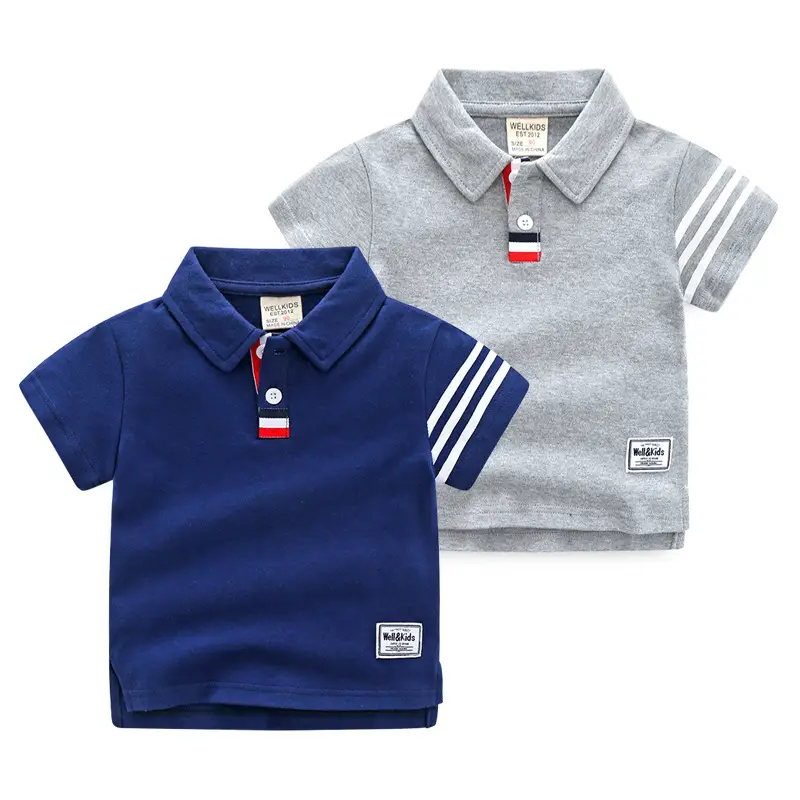 Blue Grey Kids Polo T-Shirt Short Sleeve Korean Style - Image 3