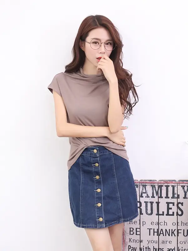 Women's Sleeveless T-Shirt Light Grey Modal High Collar - Image 11