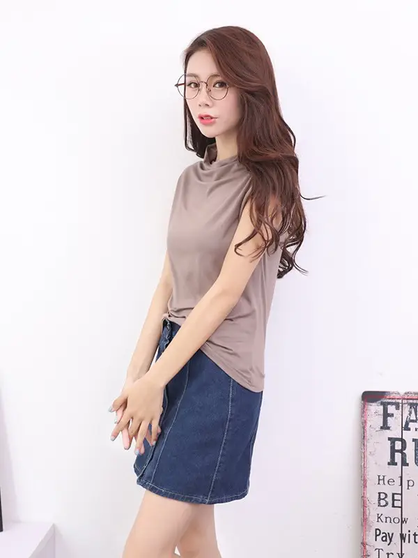 Women's Sleeveless T-Shirt Light Grey Modal High Collar - Image 12