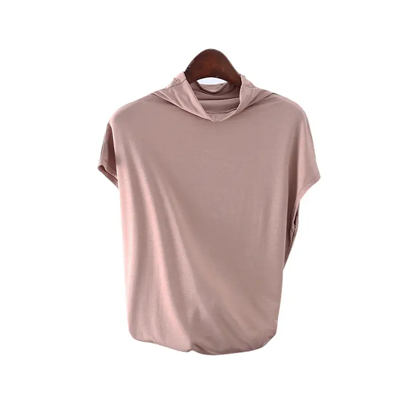 Women's Sleeveless T-Shirt Light Grey Modal High Collar - Image 3
