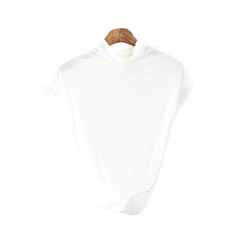 Women's Sleeveless T-Shirt Light Grey Modal High Collar - Image 4