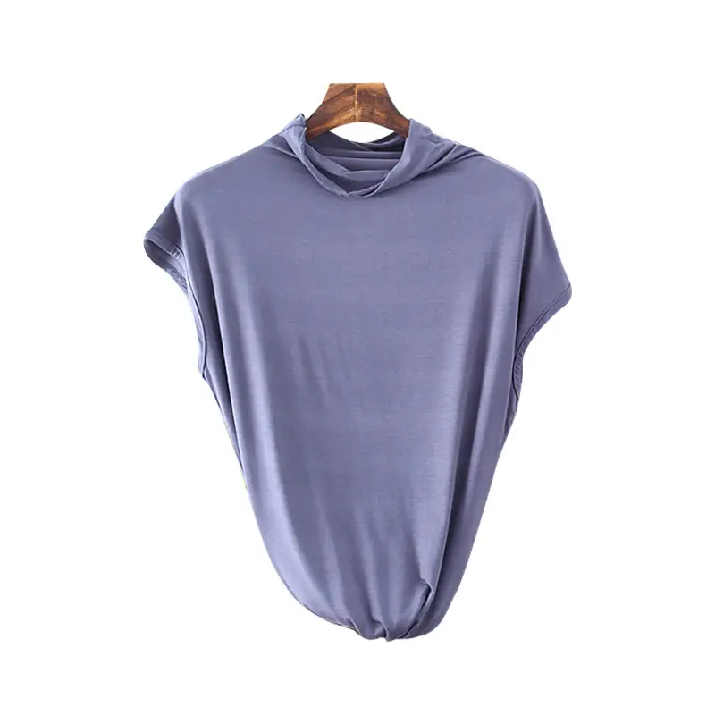 Women's Sleeveless T-Shirt Light Grey Modal High Collar - Image 6