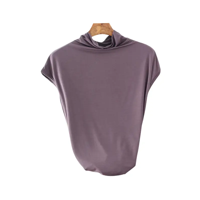 Women's Sleeveless T-Shirt Light Grey Modal High Collar - Image 7