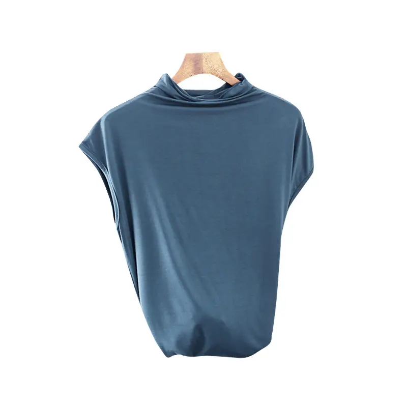 Women's Sleeveless T-Shirt Light Grey Modal High Collar - Image 9