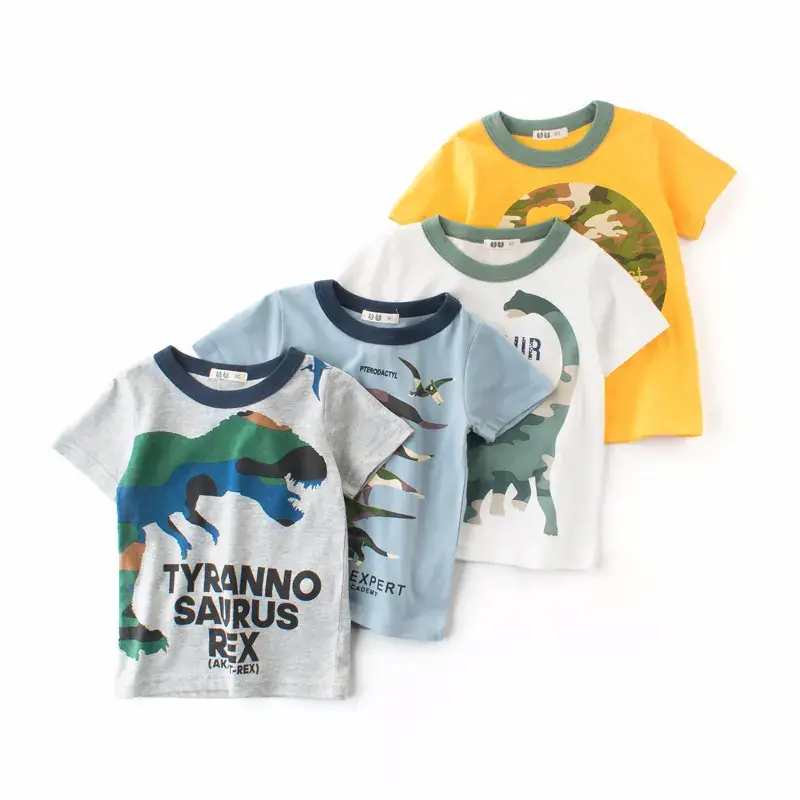 2024 Kids Short Sleeve T-Shirt Gray Dinosaur Print - Image 5