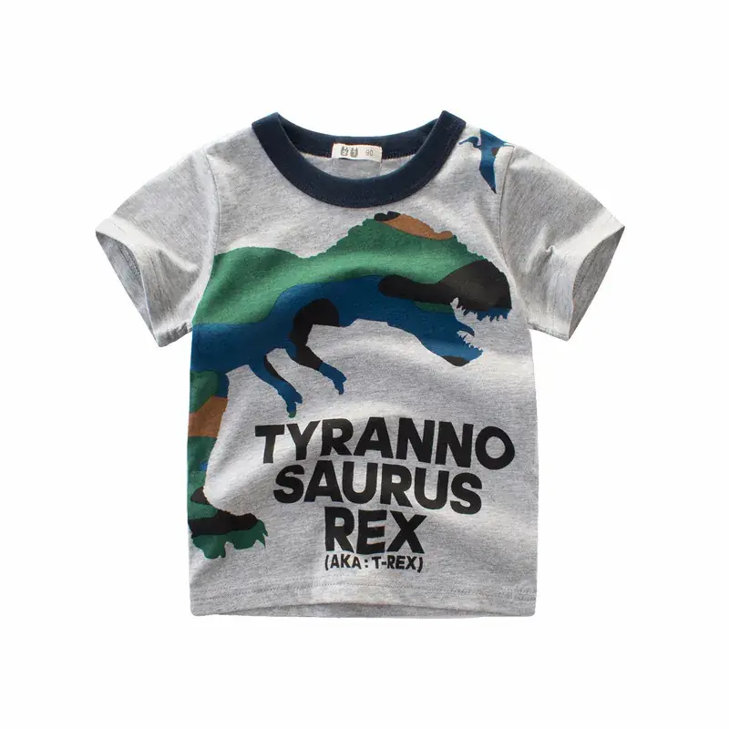 2024 Kids Short Sleeve T-Shirt Gray Dinosaur Print - Image 2