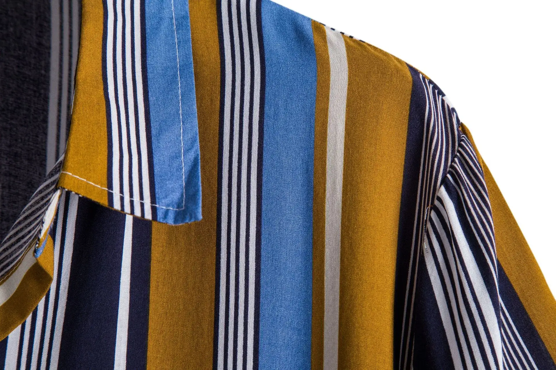 Men Striped Short Sleeve Shirt Blue Yellow Grey - Image 3