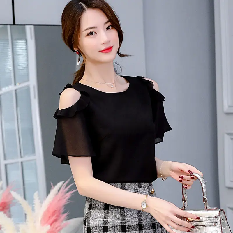 Red Cold Shoulder Ruffled Pullover Women's Top - Image 5