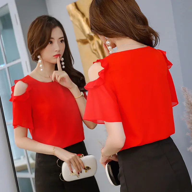 Red Cold Shoulder Ruffled Pullover Women's Top - Image 6
