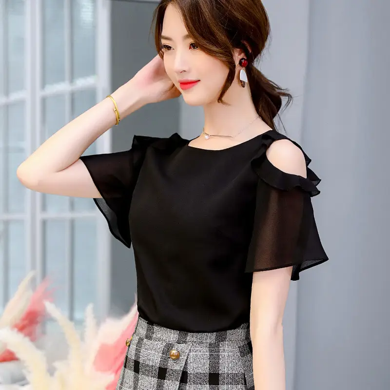 Red Cold Shoulder Ruffled Pullover Women's Top - Image 2