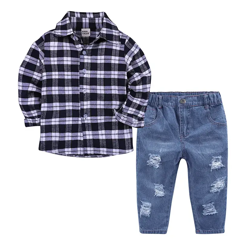 2025 Spring Boys Denim Plaid Suits Trousers Set - Image 7